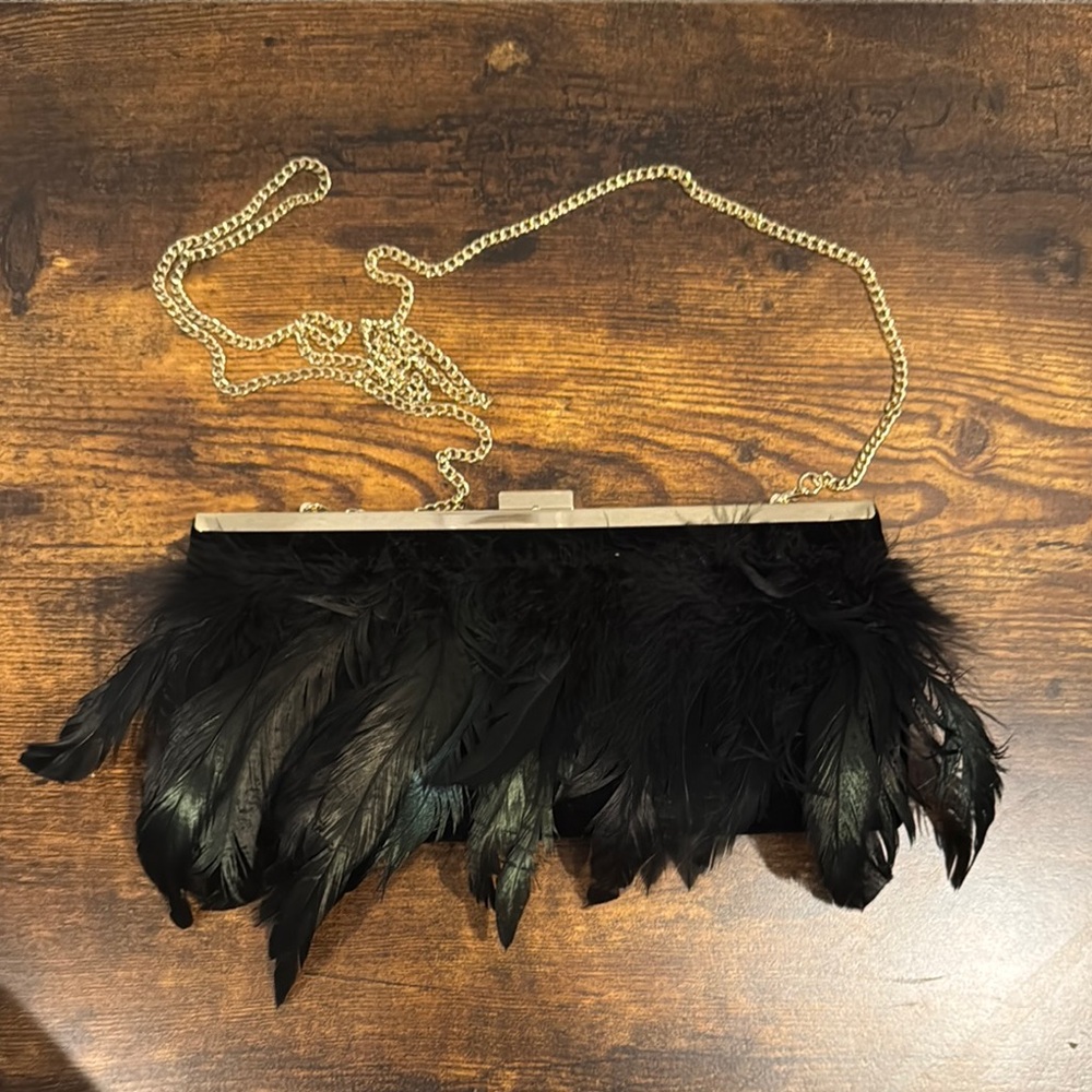 INC International Concepts Gold and Black Feather Clutch